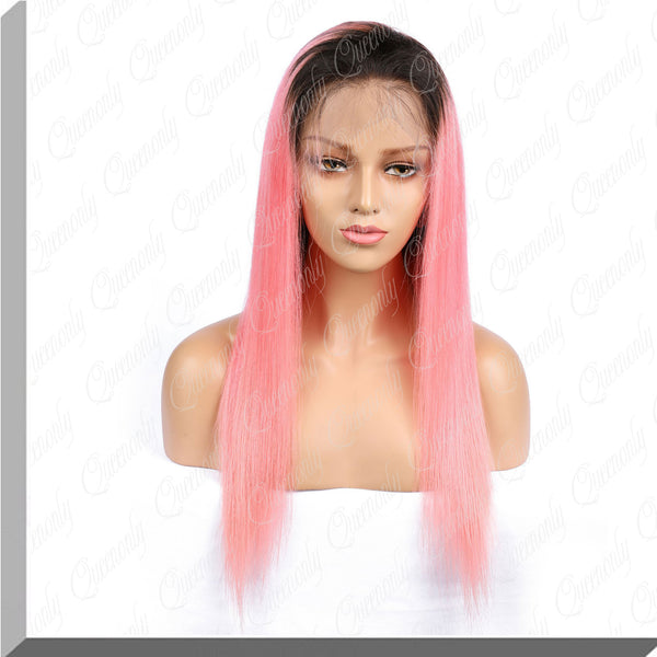 QUEENONLY 130% Density#1b&#Pink Ombre Pink Hair Wigs Virgin Human Hair Wigs - Queenonly